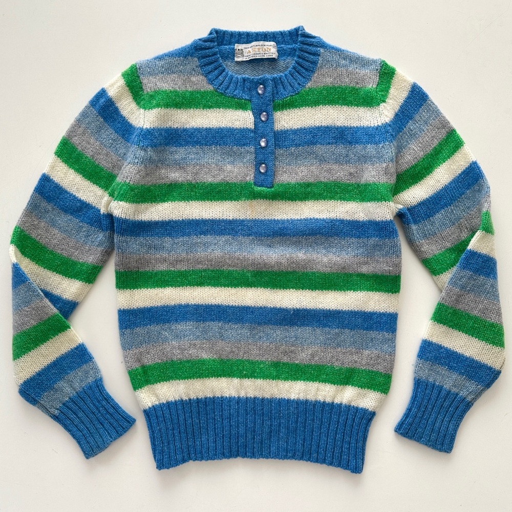 Vintage Aston Shetland Wool Blue Green Striped Wool Henley Sweater XS